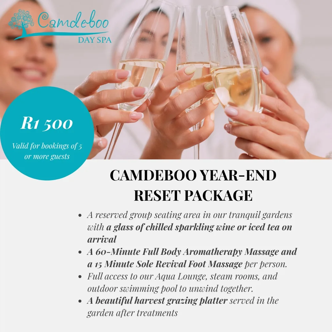 Camdeboo Year-End Reset Package - R1 500 per person for bookings of 5 or more guests. Reserved group seating in the gardens with chilled sparkling wine or iced tea, a 60 minute aromatherapy massage and 15 minute sole revival foot massage each, Aqua Lounge, steam rooms and pool, and a harvest grazing platter. Valid until 31 December 2026.