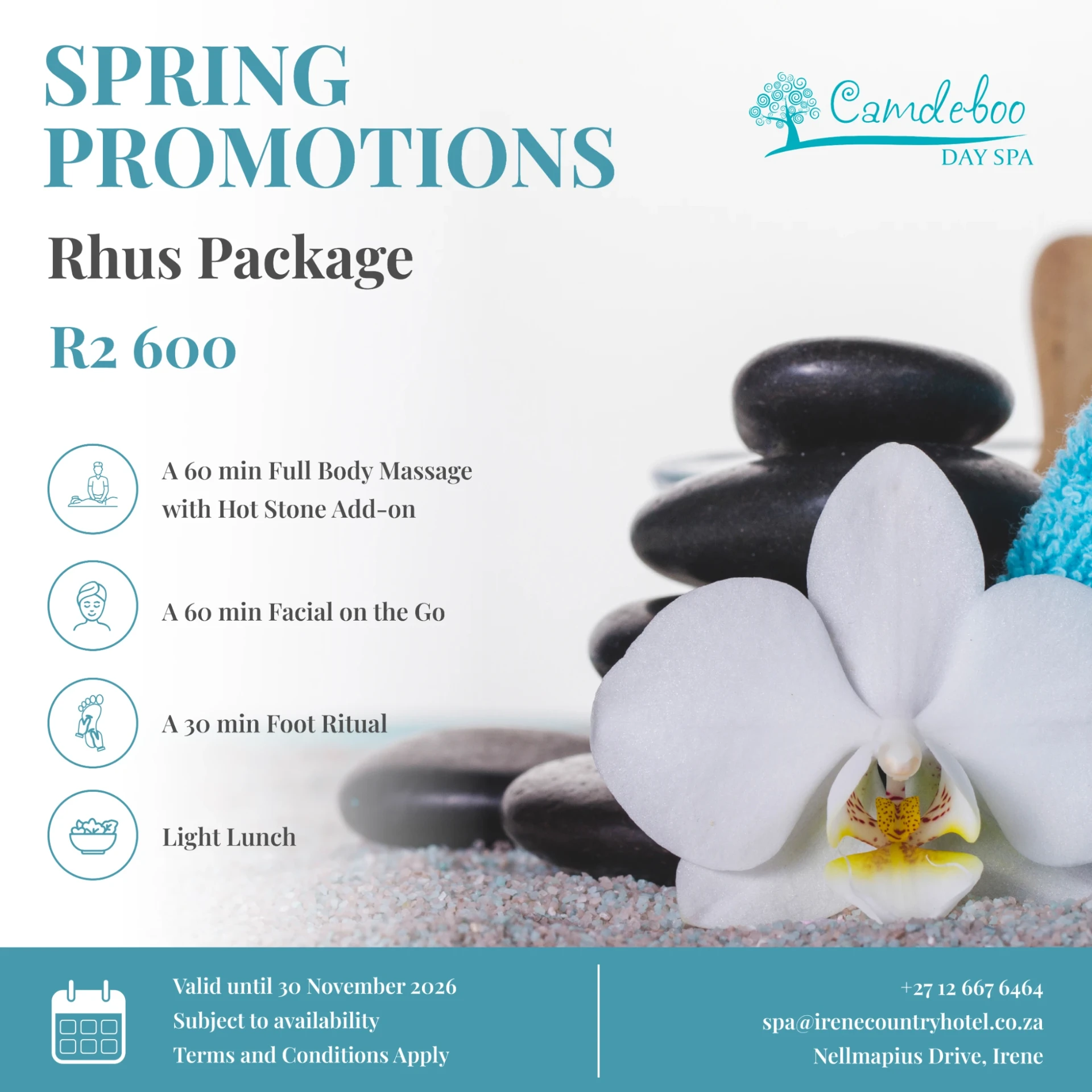 Camdeboo Spring Promotion — Rhus Package R2 600: 60 min full body massage with hot stone add-on, 60 min facial on the go, 30 min foot ritual and light lunch. Valid until 30 November 2026.