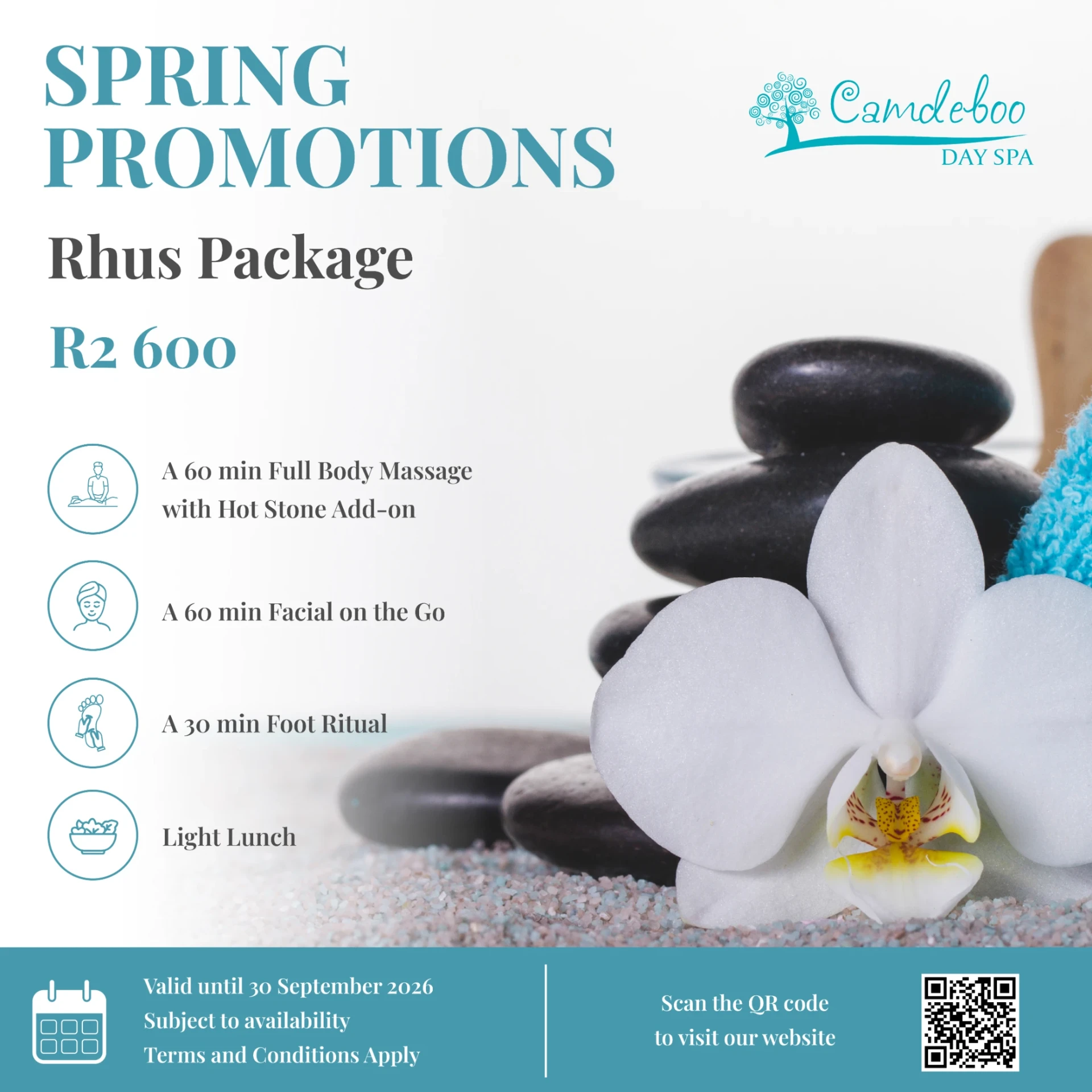 Camdeboo Spring Promotion — Rhus Package R2 600: 60 min full body massage with hot stone add-on, 60 min facial on the go, 30 min foot ritual and light lunch. Valid until 30 September 2026.